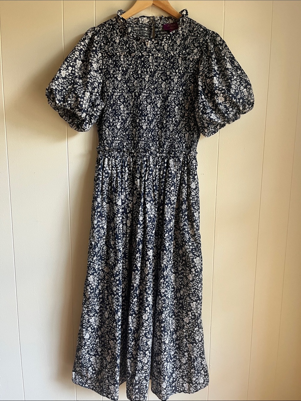 J. Crew Liberty Navy and White Floral Smocked Puff Sleeve Midi Dress Sz Med